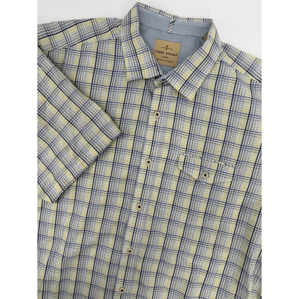 Tommy Bahama Jeans Mens XL Short Sleeve Plaid Button Down Shirt Blue Yellow